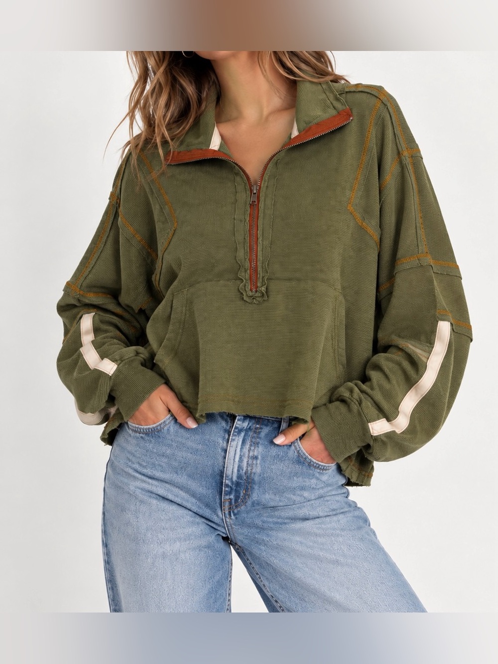 POL Olive Green with Multicolor Stitching Half-Zip Cropped Pullover - Size S